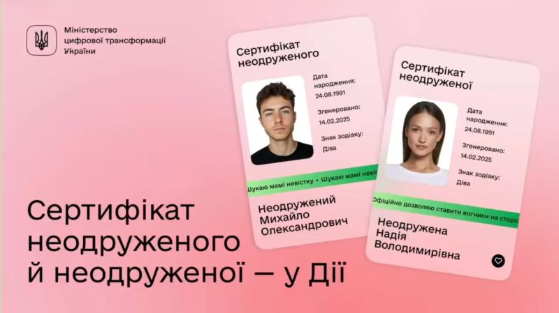 До Дня закоханих у «Дії» з’явився сертифікат неодруженого й неодруженої