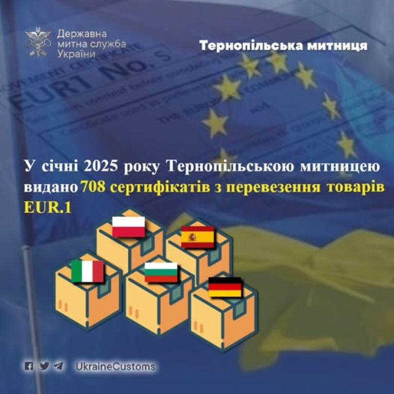 Тернопільською митницею видано понад сім сотень сертифікатів з перевезення товарів форми EUR.1