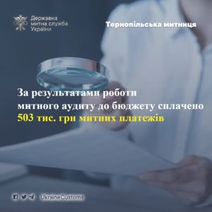 За результатами роботи митного аудиту забезпечено сплату майже 503 тис. грн митних платежів