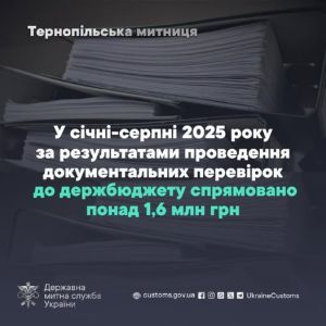 На Тернопільщині за результатом документальних митних перевірок до бюджету надійшло понад 1,6 млн грн