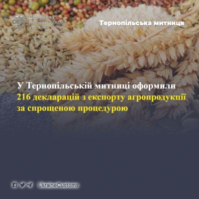 Тернопільська митниця оформила 216 декларацій з експорту агропродукції за спрощеною процедурою