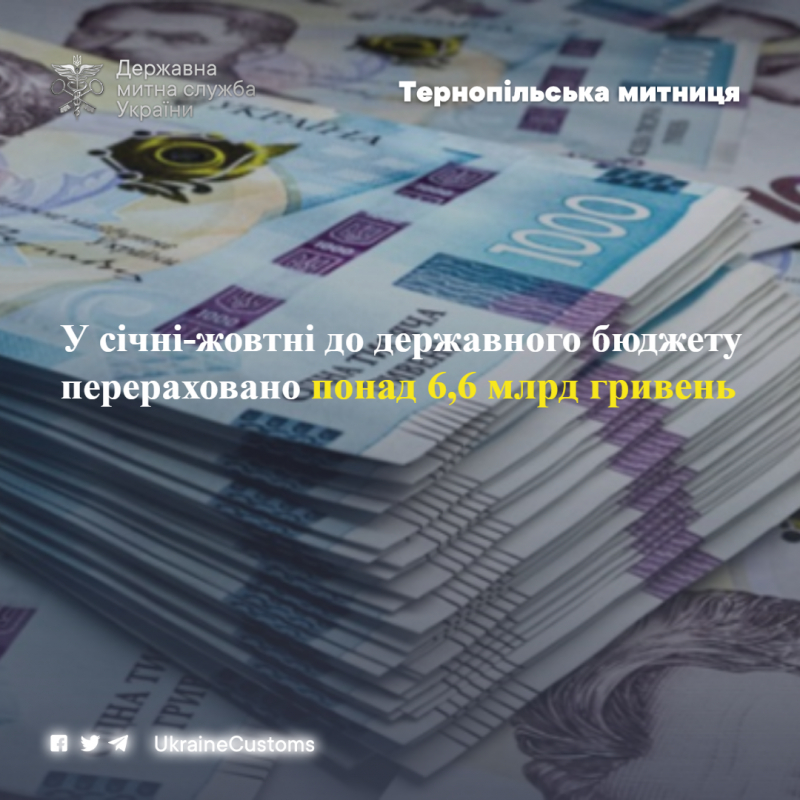 Бюджет країни отримав від Тернопільської митниці понад 6,6 млрд гривень