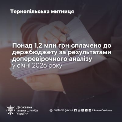Понад 1,2 млн грн митних платежів сплачено до держбюджету за результатами доперевірочного аналізу