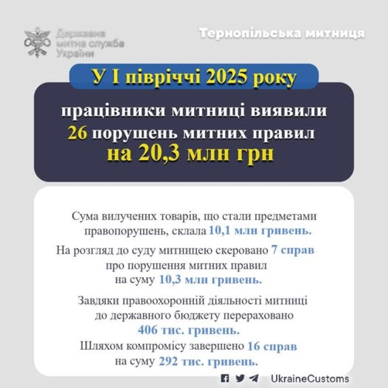 Тернопільською митницею виявилено порушень митних правил на 20,3 млн гривень