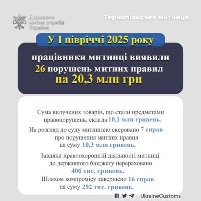 Тернопільською митницею виявилено порушень митних правил на 20,3 млн гривень