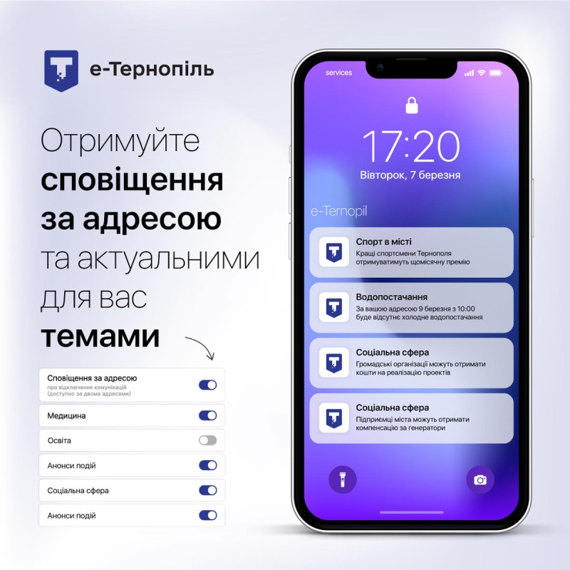 У додатку «е-Тернопіль» можна отримувати сповіщення за адресою та актуальними темами