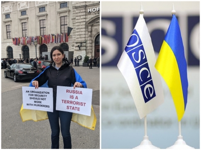 «Немає росіян – немає сліз»: жителька Тернопільщини пікетувала під штаб-квартирою ОБСЄ у Відні
